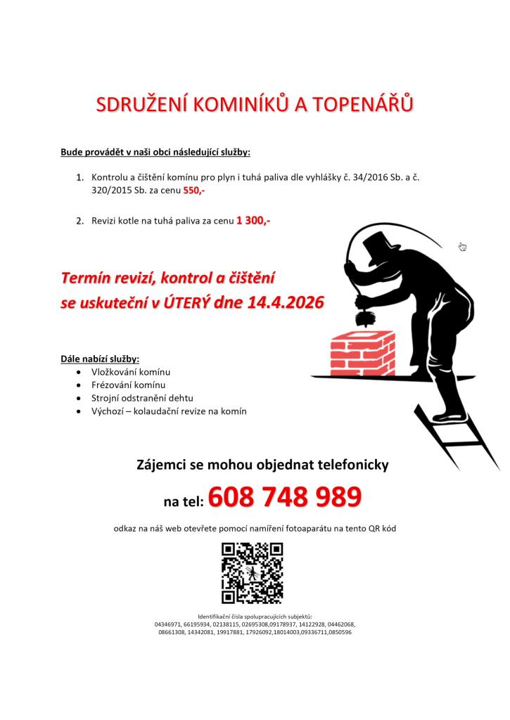 Revize, kontroly a&nbsp;čištění 14.4.2026